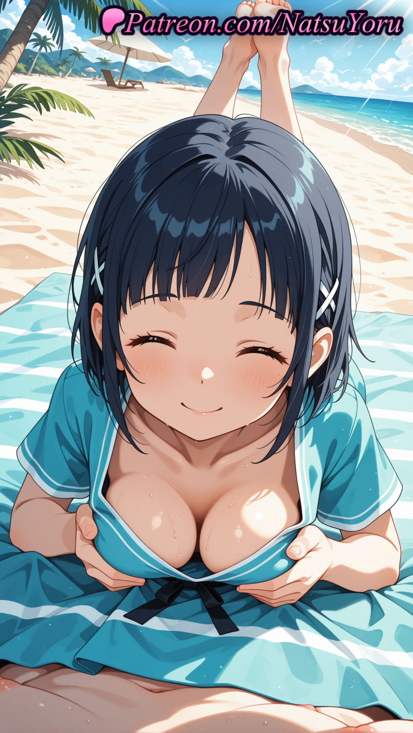 1girl 2025 ^_^ ai_assisted ai_generated anime anime_style asian bangs barefoot beach beach_chair beach_towel beach_umbrella big_breasts bikini black_hair blue_hair blue_shirt blue_sky blunt_bangs blush breasts bust cleavage closed_eyes closed_mouth clothing cloud collarbone day downblouse facing_viewer feet feet_up female_focus female_only female_solo foot_fetish grabbing_own_breast hair_ornament hairclip hentai high_quality high_res high_resolution horizon legs_up lying medium_breasts natsuyoru navel no_bra ocean on_stomach outside palm_tree patreon sachi_(sao) sand shirt short_hair short_sleeves sky smile soles solo_female solo_focus stable_diffusion sunlight sweat swimsuit sword_art_online the_pose toes towel tree umbrella voluptuous voluptuous_female water x_hair_ornament
